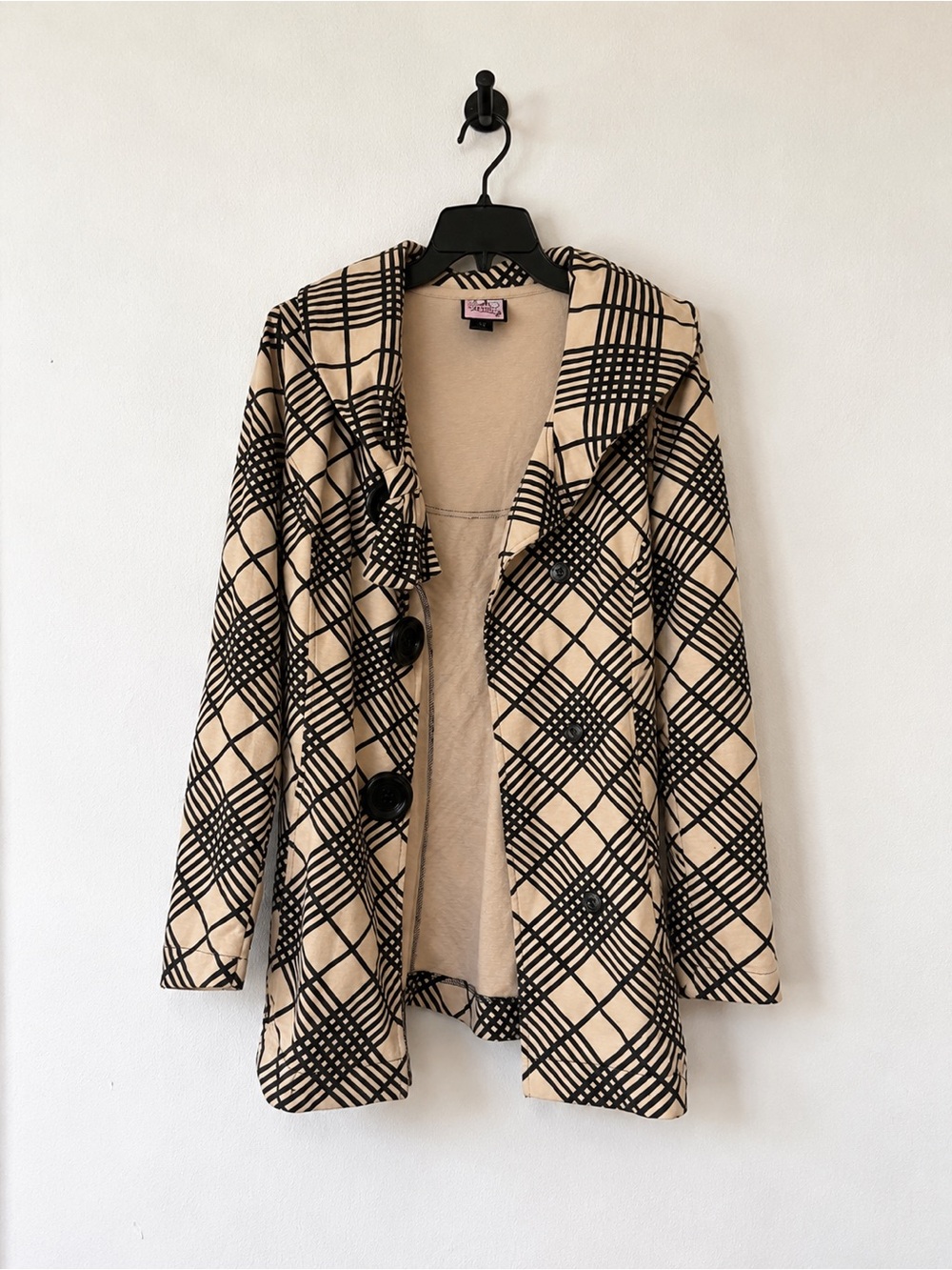 Hello Kitty Beige and Black Plaid Hooded Pea Coat